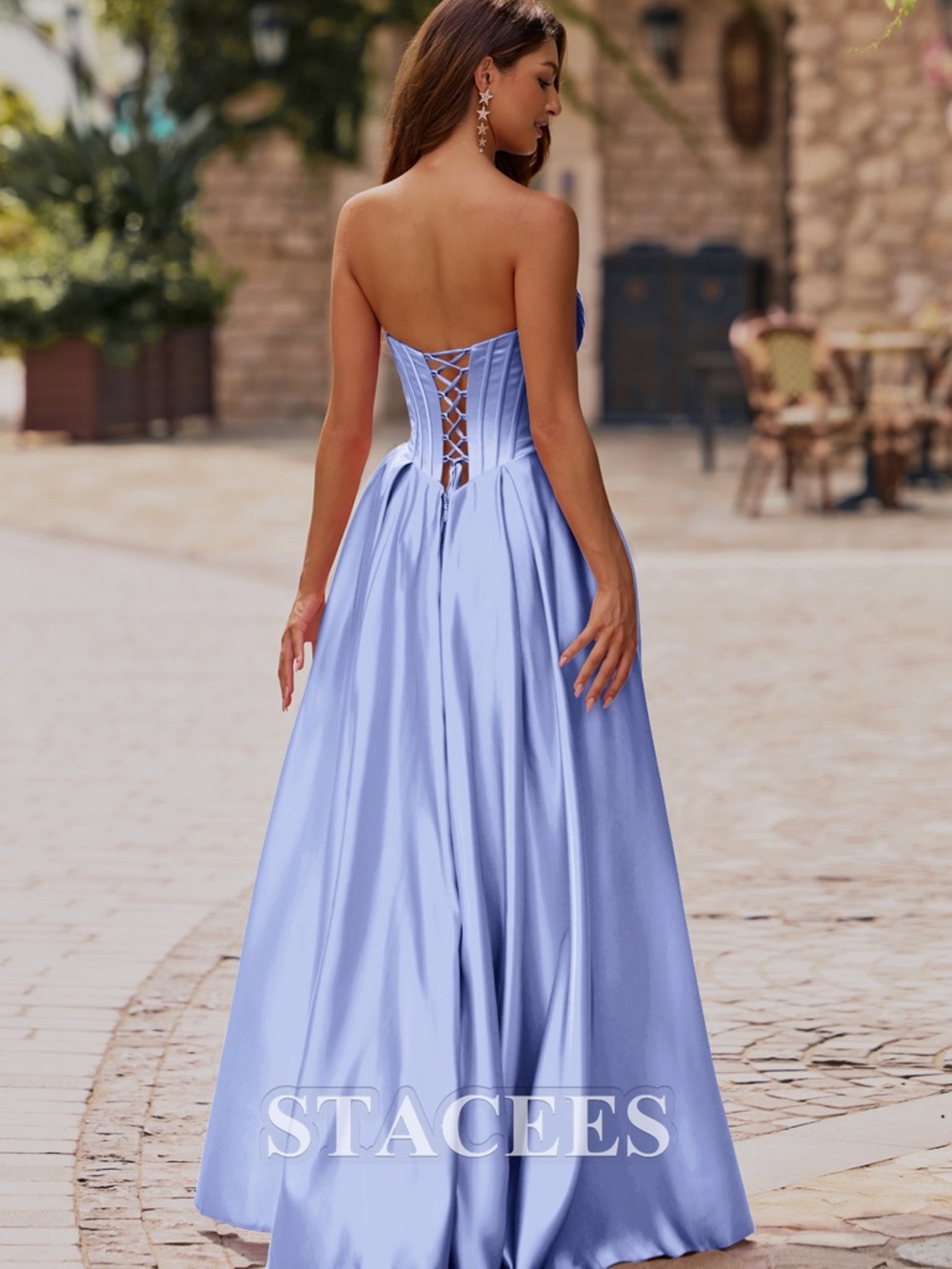 Stacees Lavender Backless Lace-Up Evening Gown